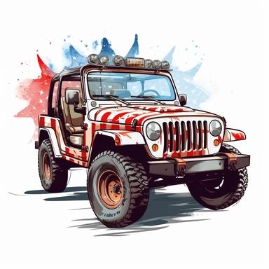 Military jeep equipped for USA independence day, painted in flag colors, Pixar style, vibrant colors, clipart with white background, - - v 5