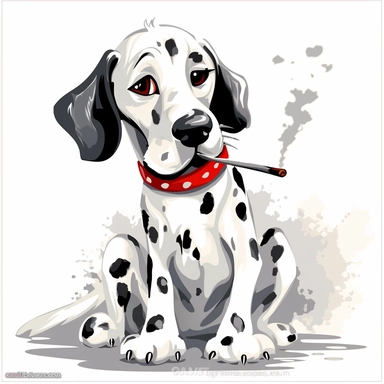 Clipart of a funny dalmatian with cigarette in his mouth on white background