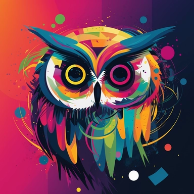 Animated gradients converging into a stylized and abstract vector clipart of an owl, with simplified forms and bold shapes, capturing the essence of the owl's presence and mystique, Modern Art, using bold lines and vibrant colors to create a visually striking and contemporary representation of the owl,