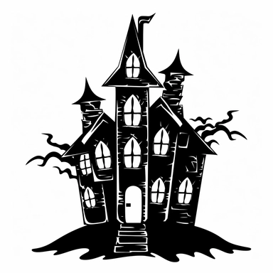 halloween hunted house clipart, black color, white background, minimalistic drawing