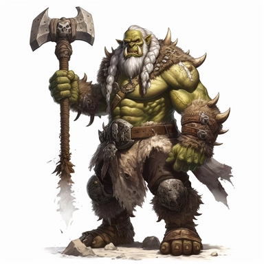 beautiful painted Thrall from World of Warcraft, war chief, full body , holding his orgrim doomhammer, paint art style, detail, clipart, white background, superrealistic, one of a kind
