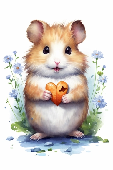 Create a watercolor clipart picture of an adorable hamster holding a heart, white background. The hamster should have a cute and happy expression, with its fur depicted in soft watercolor textures. Surround the hamster with small flowers and greenery, adding a whimsical touch to the scene.
