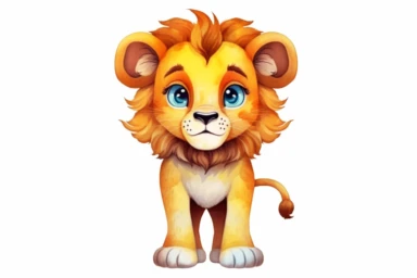 cute Lion character front facing on isolated background,Animal Sublimation Clipart,no splash watercolor,white background, ultra detailed clipart, cut out image, colorful watercolor realistic, cartoon style, ultra HD, sharp and clean art