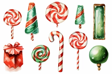 watercolour of a variety of Christmas Candies. Red and Green Gumdrops, Candy Canes, Peppermints, ribbon candy, clipart variations, simple, vector, 8k
