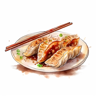 picturesque,bright luxury Japanese nutural food, Pan-fried gyoza dumplings with brown burnt marks, Japanese Gyoza have Juicy on the inside, a golden brown and slightly crispy base, for the restaurant menu, icon clipart on white background, watercolor, detailing in pastel colors, high quality, painted by Beatrix Potter, 8k,
