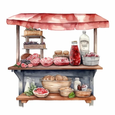 hand drawn ROADSIDE STAND WITH STRAWBERRY JAM AND COUNTRY HAM leg , very detailed and realistic , watercolor, white background with margins, clipart style