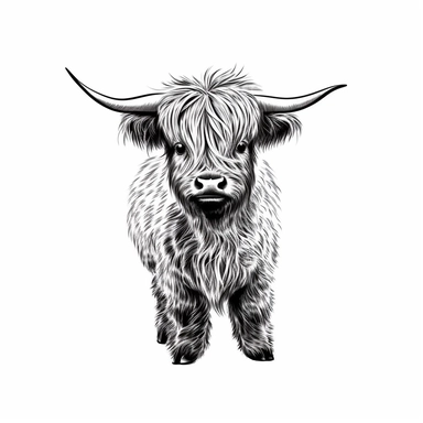baby highland cow simple minimalist , vector, clipart, black and white , white background, logo, decal , svg, sticker