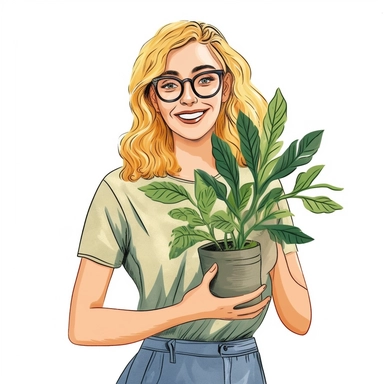 A HAPPY Young Woman WITH GLASSES AND blond hair Holding PLANTS Clipart in the style of hand-drawn, clean lines on a white background