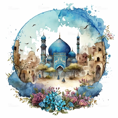 clipart, a marketplace in Baghdad in Iraq, style of Aladdin fairytale, surrounded by flowers, Beautiful Gothic arabian Fantasy, light blue Watercolour, in the center of the image, white background, no mockup, no caption