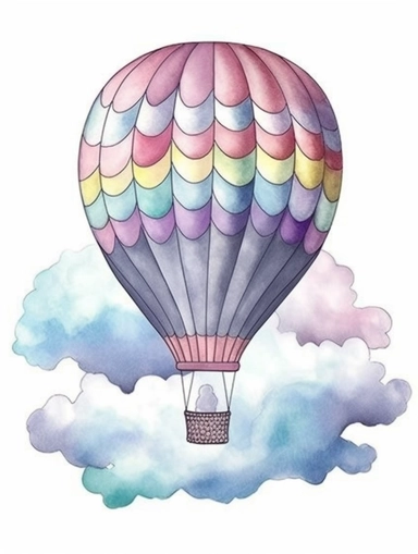 watercolor clipart with white background, hotair balloon floating in giant clouds, flat design, clearly defined separated image, high quality