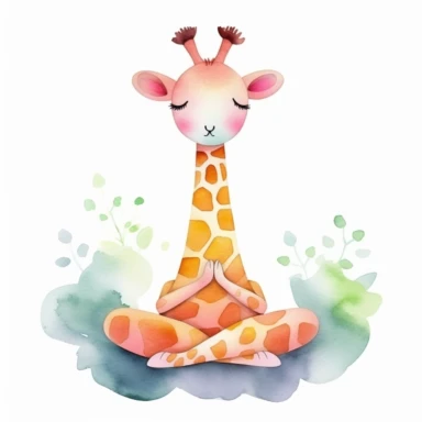 cute cartoon giraffe sleeping in yoga lotus position, watercolor, white background, minimalistic, clipart