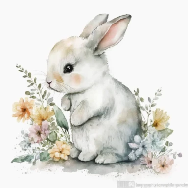 cute, little white bunny carrying flowers clipart, watercolor, white background, Nursery Art