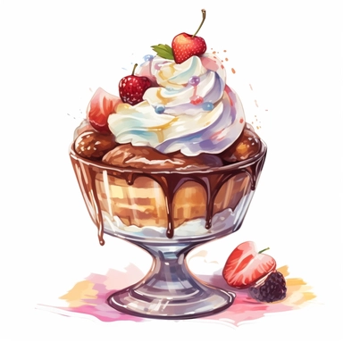 a drawing of a dessert featuring candy and whipped cream, icecream sundae, chocolate icecream, chocolate sauce, chocolate sauce dripping, glass bowl, in the style of pastel toned, shiny/glossy, fantasy realism, caffenol developing, warmcore, #screenshotsaturday, rubens, white background, isolated, free brushstrokes, watercolor illustration, clipart,