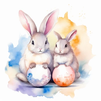 Create a watercolor clipart of two spaced-out bunnies sitting next to an Easter egg, with a fully white background that does not contain watercolors. The medium should be watercolor, giving the bunnies and Easter egg a soft and fluid look. The style should feature gentle brushstrokes and pastel colors, capturing the delicate and whimsical nature of bunnies. The lighting should be soft and diffused, conveying a sense of warmth and comfort. The color palette should be light and airy, using soft pa