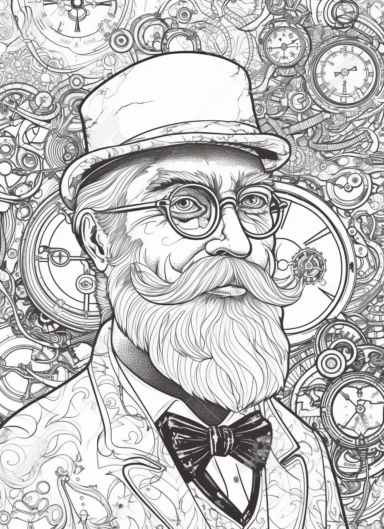 smiling and distinguished senior man portrait beard and mustache no glasses, dressed in steampunk elements, line art for coloring book, black and white, line art, coloring page, printable, thin lines, no details, no shadows, sharp lines, illustration, vector, clipart, landscape background