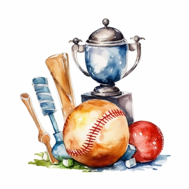 Watercolor cute little baseball trophy related items , illustrations clipart set, simple, christmas colors , cartoon elements ,different variants , championship cupseparate elements with a margin, 4k, high resolution