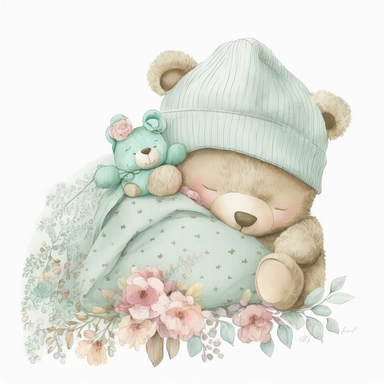 an ultra Cute little newborn baby teddy bear wearing mint green shabby chic floral traditional classic pyjamas and bedtime hat lying on a mint green pillow and blankets watercolour, cute,, bedtime, sleepy, dreamy, isolated on white background, Clipart