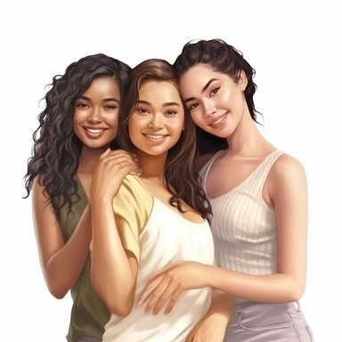asian american, african american and european feminine best friends realistic illustration clipart, isolated on white background, 4K