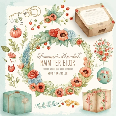 Design a vintage-style, watercolor garland or wreath for the 'Farmer's Kitchen' mystery box label, featuring tomatoes, basil, poppies, and other items from the box, as well as a couple of themed clipart elements for decoration. The garland or wreath should have a soft, romantic aesthetic and be hand-drawn in a watercolor style. The colors should be muted and natural, with pops of bright red and orange for the tomatoes and poppies. The overall design should be whimsical and charming, with a touch