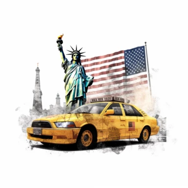 New York city clipart, 3D taxi in front of Statue of Liberty and the American Flag, collage scrapbook style, textured, white background