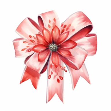 Generate clipart of a watercolor-style gift bow, little flowers around, in pastel red light tones, high detail, 8k, white background, clipart