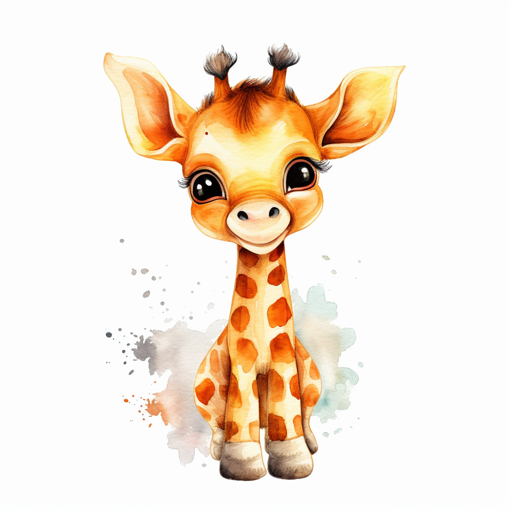 Watercolour Cute Baby Giraffe. Kids Cartoon. Clipart. White Backgroun 