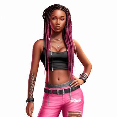 This schoolgirl radiates confidence and poise as she stands front and center, showcasing her sculpted abs in a fashionable pink crop top. Her black jacket adds a touch of sophistication to her look, while her vibrant pink and white dreadlocks bring a playful energy. Against the clean white background, she commands attention with her magnetic presence and impeccable style. Clipart, white background, intricate detail.
