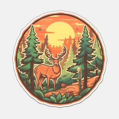 Sticker logo, featuring trees, lush foliage, and woodland creatures like deer or squirrels, capturing the essence of camping in nature, on transparent background free clipart, in the style of digital painting and drawing, 2d game art, scoutcore, anime-influenced, cabincore, high resolution, light sky-blue and dark maroon