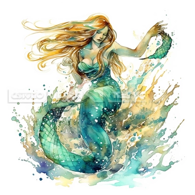 Watercolor-style clipart of a beautiful mermaid, her vibrant tail glistening in shades of aqua and turquoise. Long, flowing hair, the color of golden sunset, cascades down her back, interspersed with seashells and pearls. The mermaid is captured in a graceful pose, seemingly in mid-dance, amidst a flurry of gentle, colorful fish and floating bubbles. The backdrop is a soft gradient of undersea blues and greens, invoking an ambiance of tranquility and magic. The art style is soft, dreamy, and imm