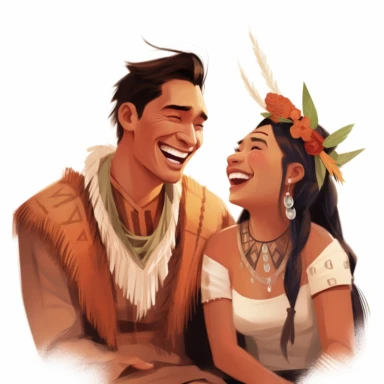 Indigenous bride and Asian groom, sharing a laughter-filled moment during their wedding ceremony, embracing the joy of their special day, earthy tones, Pixar style, Clipart on a white background.