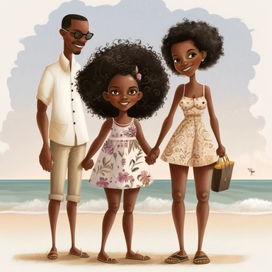 Happy Black Girl and her mom and dad Smiling at the beach ib sag harbor art,black girlsclipart, Funny black girl , Cheerful african american girl child png, clipart, afro ,Full body with legs , Cottage core , preppy , Highly detailed close-up portrait , standing , Nicoletta Ceccoli, Mark Ryden, lostfish, Earl Nor, global lighting, divine rays, detailed and intricate surroundings, sf, intricate artwork masterpiece, ominous, matte painting movie poster, blue ratio, trending on cgsociety, intricate