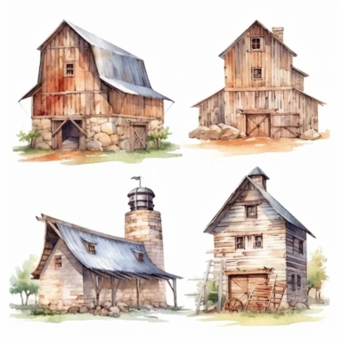 watercolor Old west style barns, illustrations clipart set, simple, , cartoon elements ,different variants , separate elements with a margin