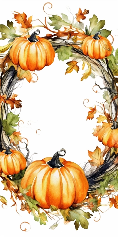 round watercolor frame of pumpkins, clipart, white background. halloween theme