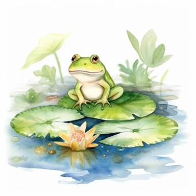 Watercolor Lily Pond Clipart - springtime cute lily pad and frog pond , white background, no text