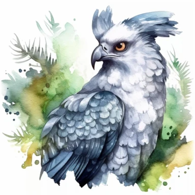 Watercolor Harpy eagle in rainforest clipart, for childish cards, illustration style, on white background, detailed, hd