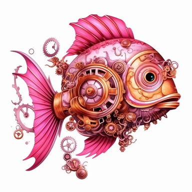 Beautiful Pink Steampunk Fish Sublimation Girl Clipart, Cartoon, hyper realistic, intricate detail, illustration style, high solution, on the white background