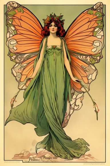 Vintage 1920 Symmetrical Fully Clothed Female Fairy with Large green Wings on its back Illustration, Chromolithograph, 1920s Illustration, Vintage, Antique, Ephemera, Clipart, 8k, on a vintage magazine cover