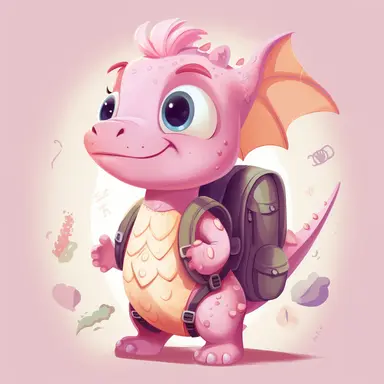 Characters Cute pink baby dragon with a backpack on her back going to school on a school background, kid style, 2D, vector, good quality, Pixar children's book illustration, vector, cartoon character, hand-drawn, clip art