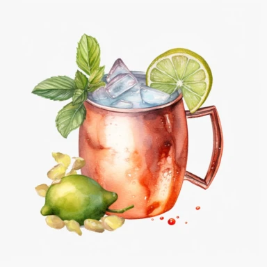 summer Moscow Mule cocktail watercolor clipart, white background, single design