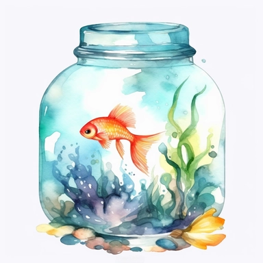 Watercolor fish tank clipart, white isolated background, space out, hd