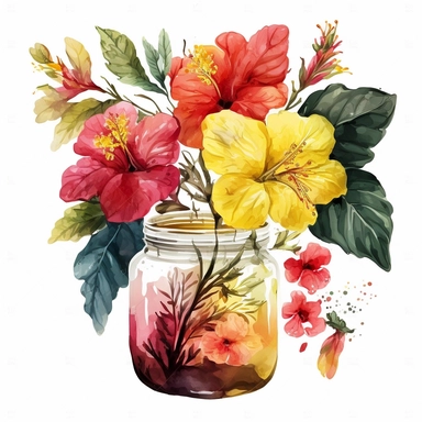 [1284223575] Watercolor clipart. A captivating watercolor illustration showcasing the enchanting beauty of a hibiscus bouquet, the flowers painted in shades of crimson, coral, and lemon yellow, arranged elegantly in a transparent jar.. White background. No text. No caption. No logo