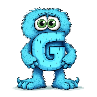 clipart style blue letter G with black line, with arms, legs and friendly cute face for children, isolated, white background,