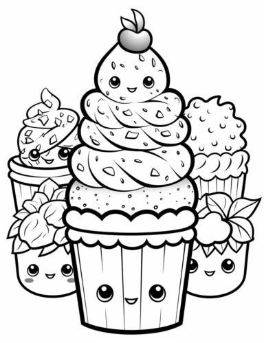 Kawaii Cake Icecream with delightful designs and flavors, like blueberry, chocolate chip, and banana For Simple Coloring page,line art, thick lines, black and white,clipart, illustration, on white background,margin Page 10px