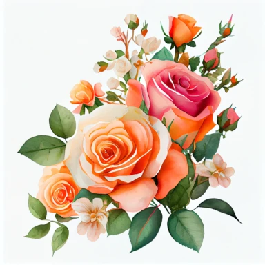 one bouquet arranged roses watercolor clipart, the colors are Apricot Orange and Bubblegum Pink arranged clipart, watercolor, 8k, white blank background