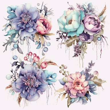 Transport your audience to a mesmerizing realm where steampunk aesthetics meet the fluid beauty of watercolor with this captivating collection of floral arrangements clipart. Harness the expressive power of watercolor as the artistic medium, allowing its translucent layers and delicate brushstrokes to bring life to the steampunk-inspired compositions. Infuse the artwork with the distinctive elements of steampunk culture, referencing the works of authors like H.G. Wells and incorporating imagery 