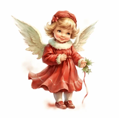 A little girl dressed as an angel holding a holly branch.