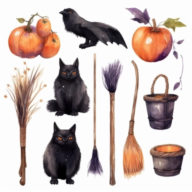beautiful loose watercolor, halloween clipart, a witch's broom , illustrations clipart set, simple, halloween colors , different variants , candy , black cat ,separate elements with a margin, on white backgound