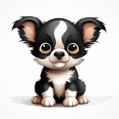 clipart, cute black and white Chihuahua puppy character, Cartoon style, adorable, ultra-high details, white background, chibi, kawaii, big bright eyes