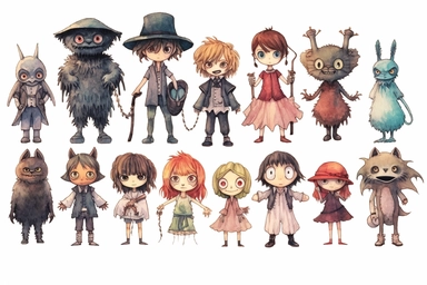 character sheet clipart on white background horror cute cartoon style,,,,,watercolor illustration by Hayao Miyazaki and Ghibli,