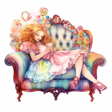 Fairytale style beautifull over realistic victorian styled dressed princess sleeping on a candy royal sofa in the candyland with watercolor effect,candyland scene,candies,fantasy style,realistic features,vibrant colors,suitable for digital clipart,white background